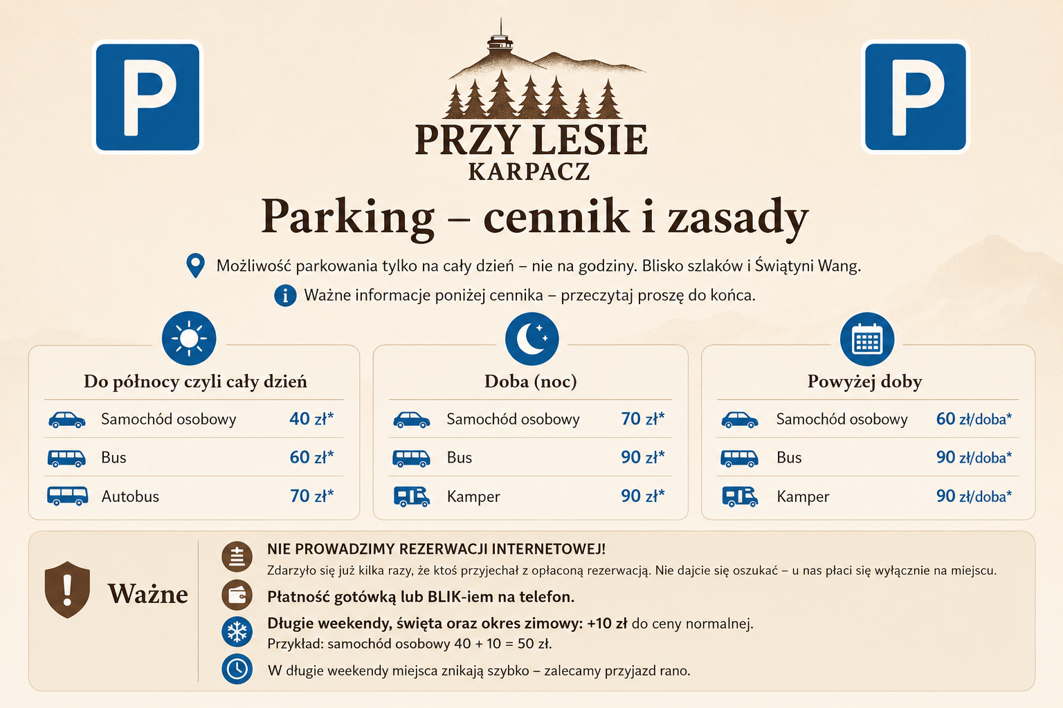 Cennik parkingu OW Przy Lesie w Karpaczu blisko Świątyni Wang